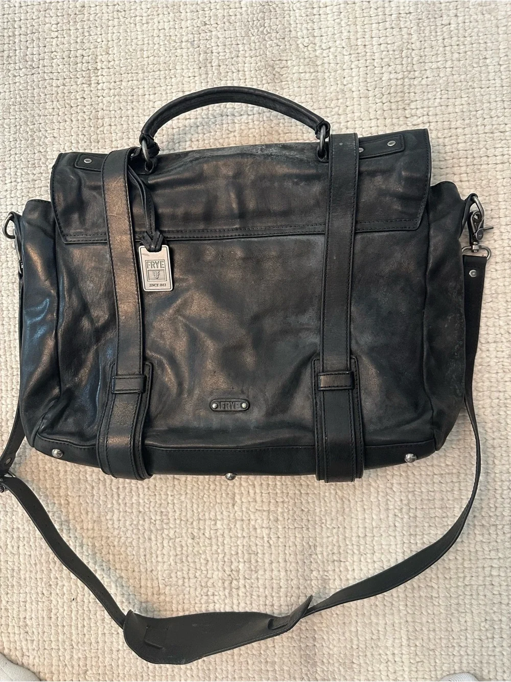 Frye Black Leather Messenger Bag with Buckle Straps